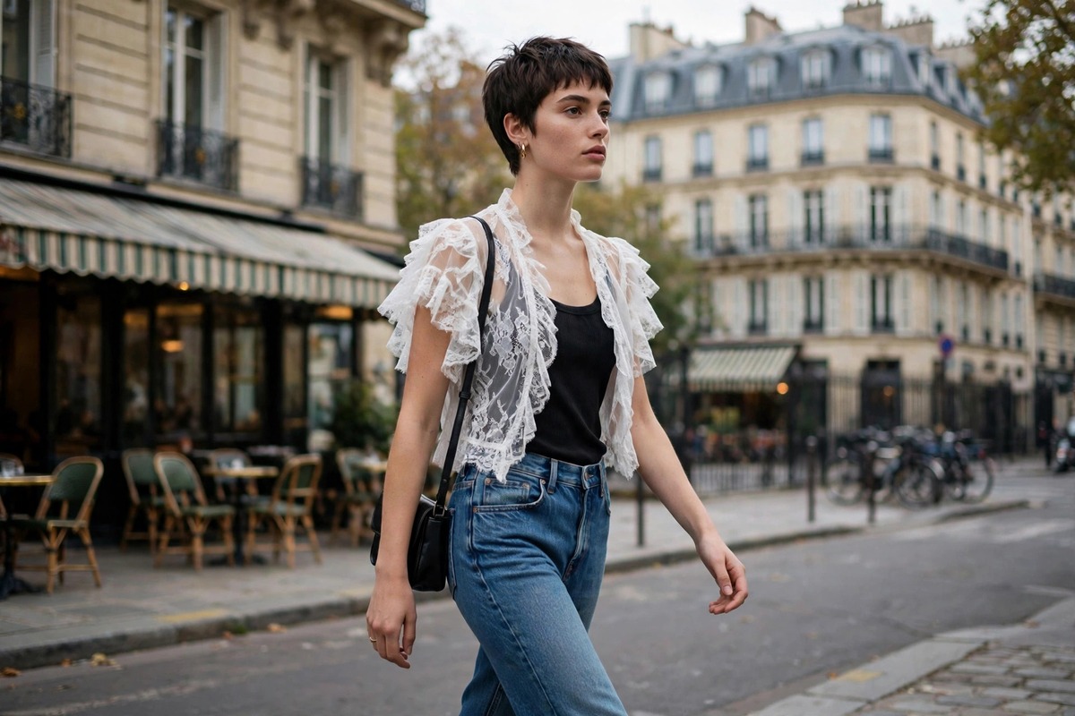 Model in a white lace bolero top and jeans on a Paris street, echoing Zendaya street style 2026