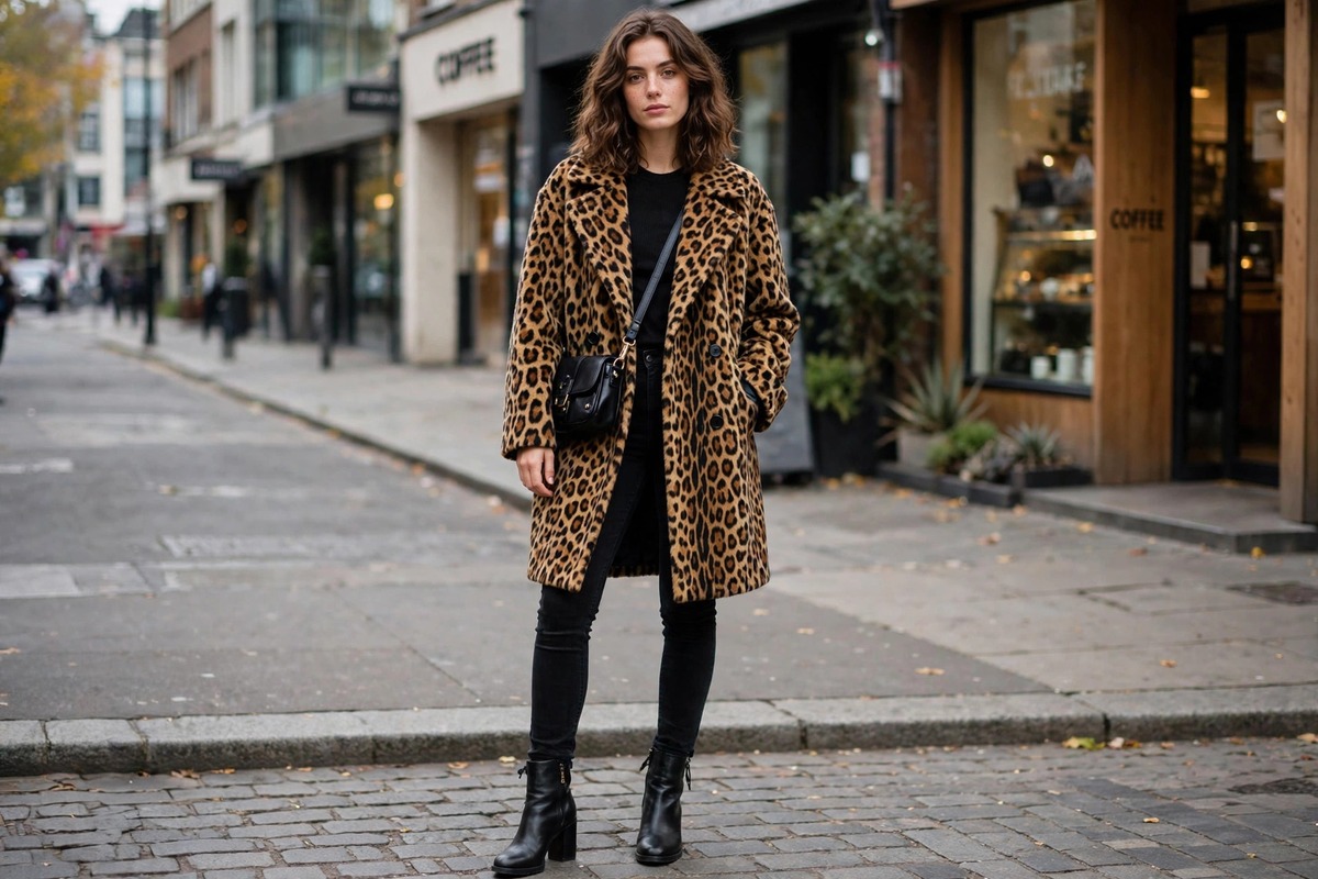 Woman in a leopard print coat worn over an all-black outfit on a city street