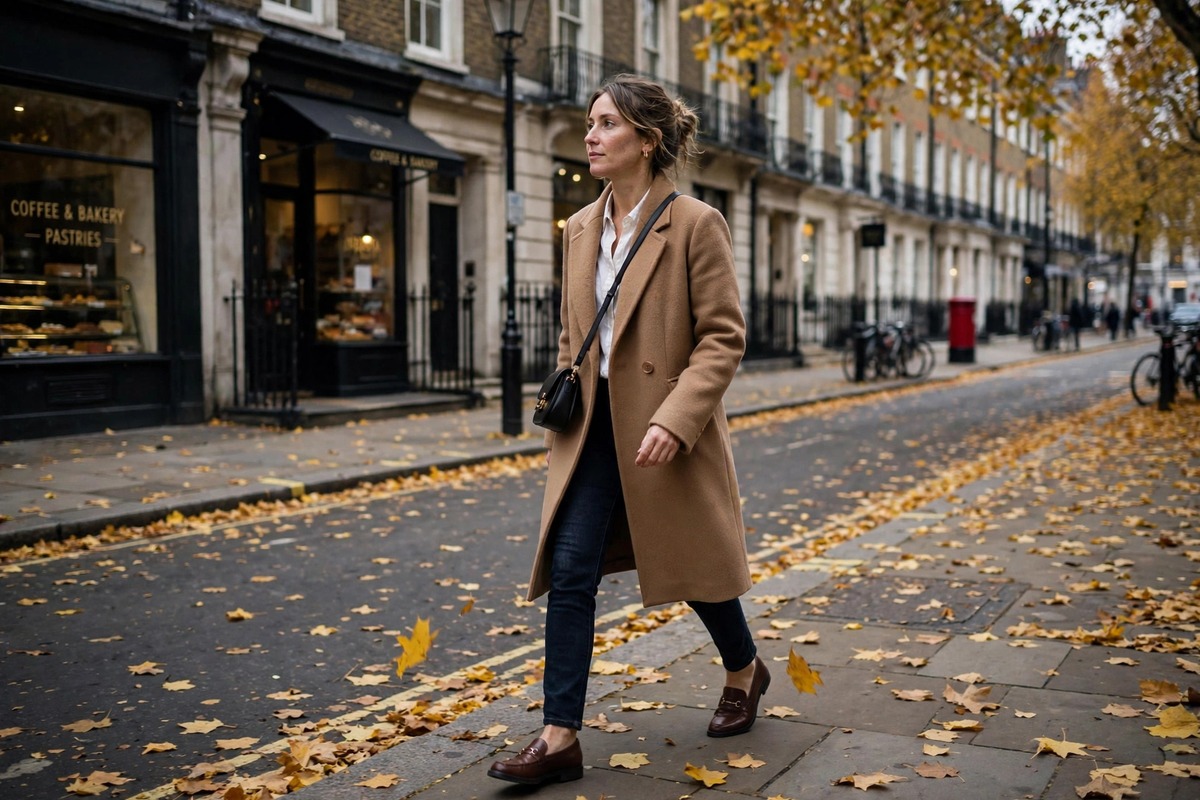 Woman in a camel wool coat over a white shirt and dark jeans with chocolate loafers on an autumn London street