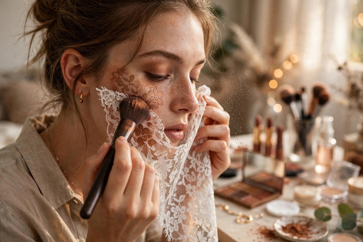Woman pressing bronze eyeshadow through white floral lace fabric onto her cheek with a dense makeup brush at a vanity table