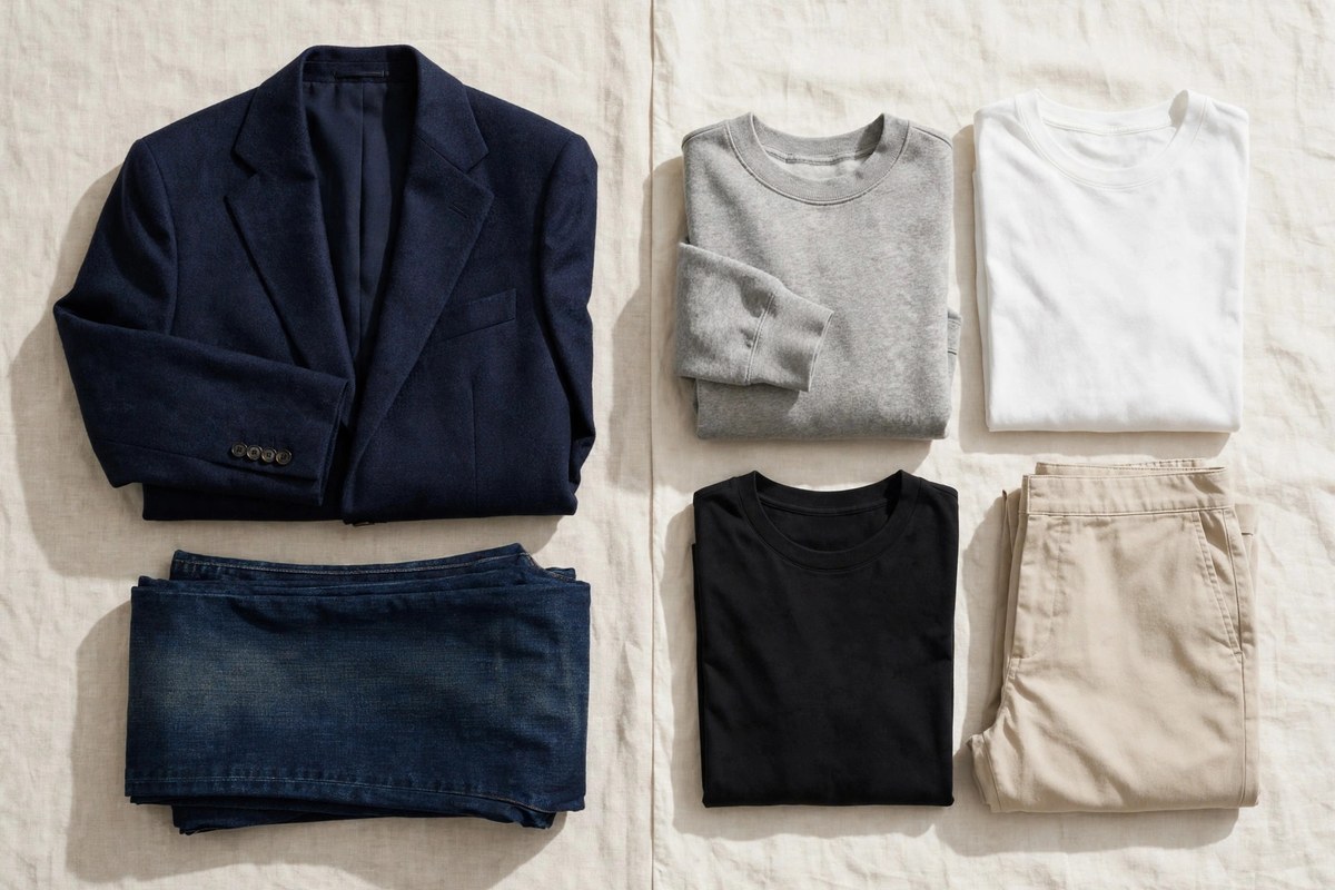 Side-by-side comparison flat lay of folded garments: a blazer and jeans beside casual basics on a light surface