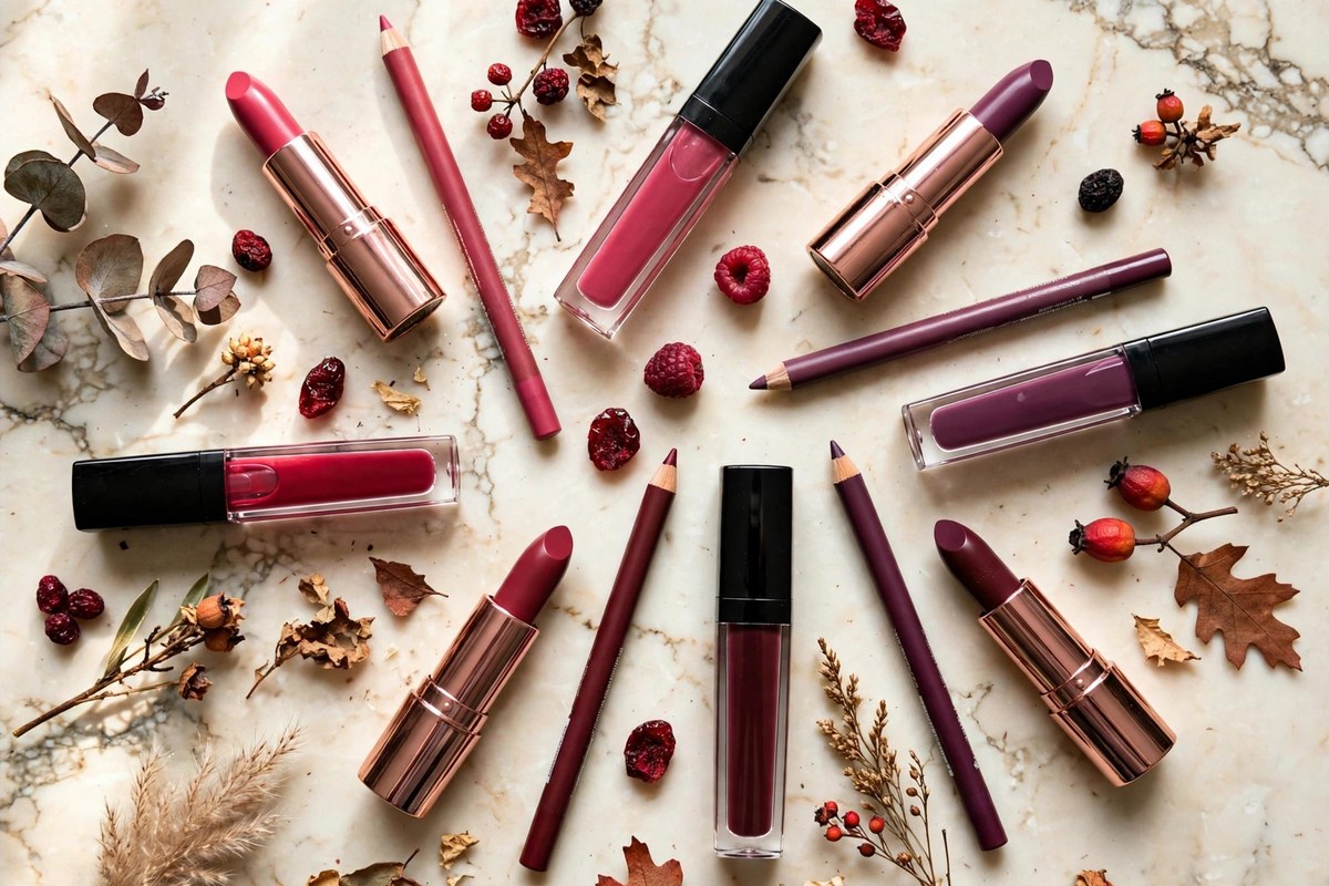 A step-by-step guide on how to wear berry lipstick: flat lay of raspberry, plum, wine and cranberry lipsticks