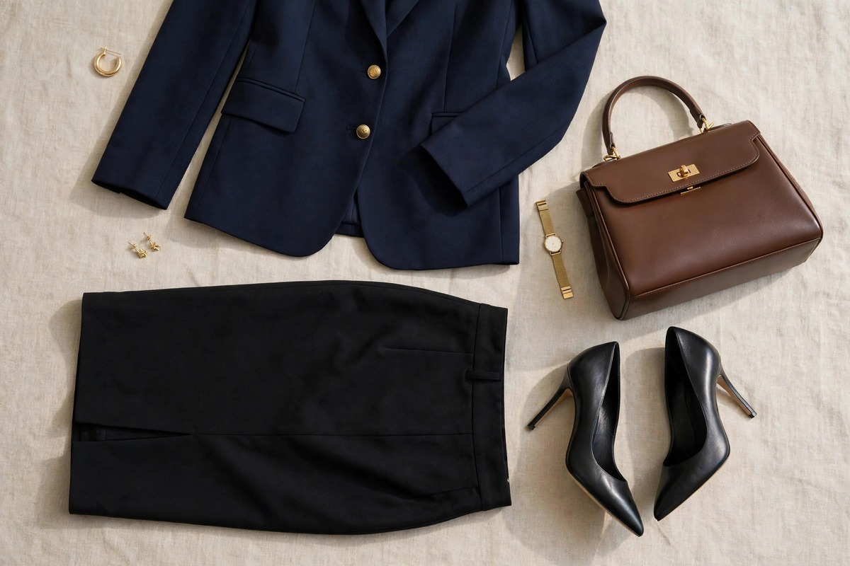 Flat lay of pencil skirt work outfit pieces: skirt, heels, blazer and handbag on a neutral background
