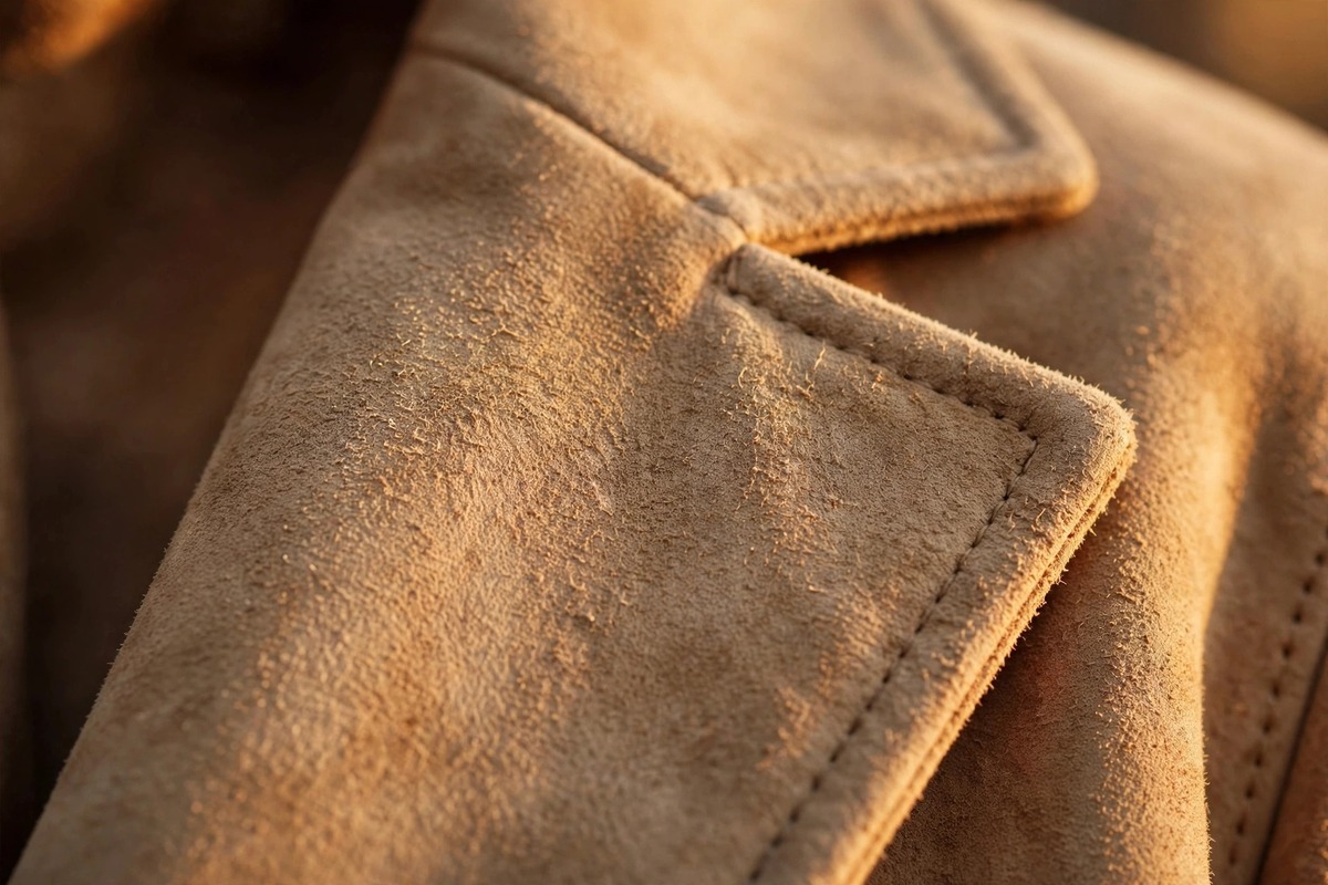Close-up of soft suede texture on the lapel of a tan jacket