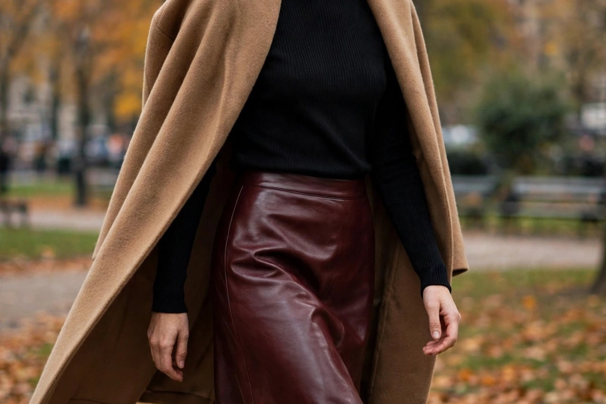 Chic leather skirt look for autumn