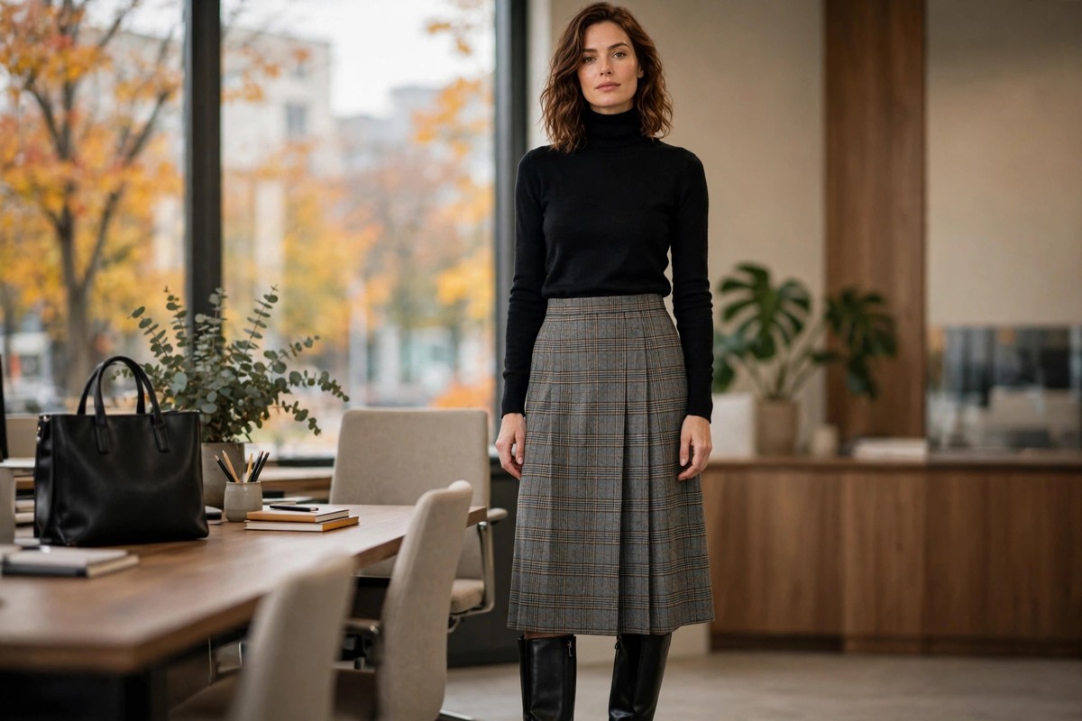 Grey plaid midi skirt with a black turtleneck and knee-high boots for the office