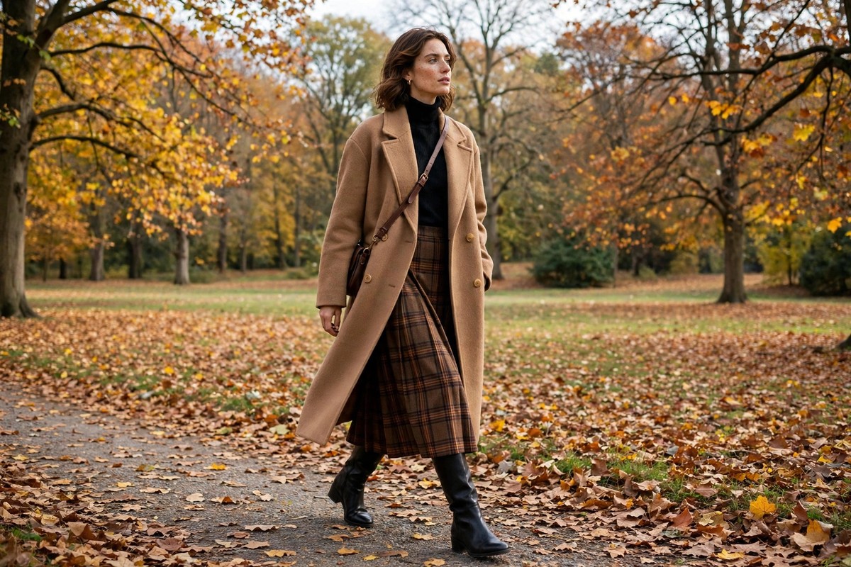 Woman in a camel wool coat over a brown tartan midi skirt with knee-high boots walking among autumn trees