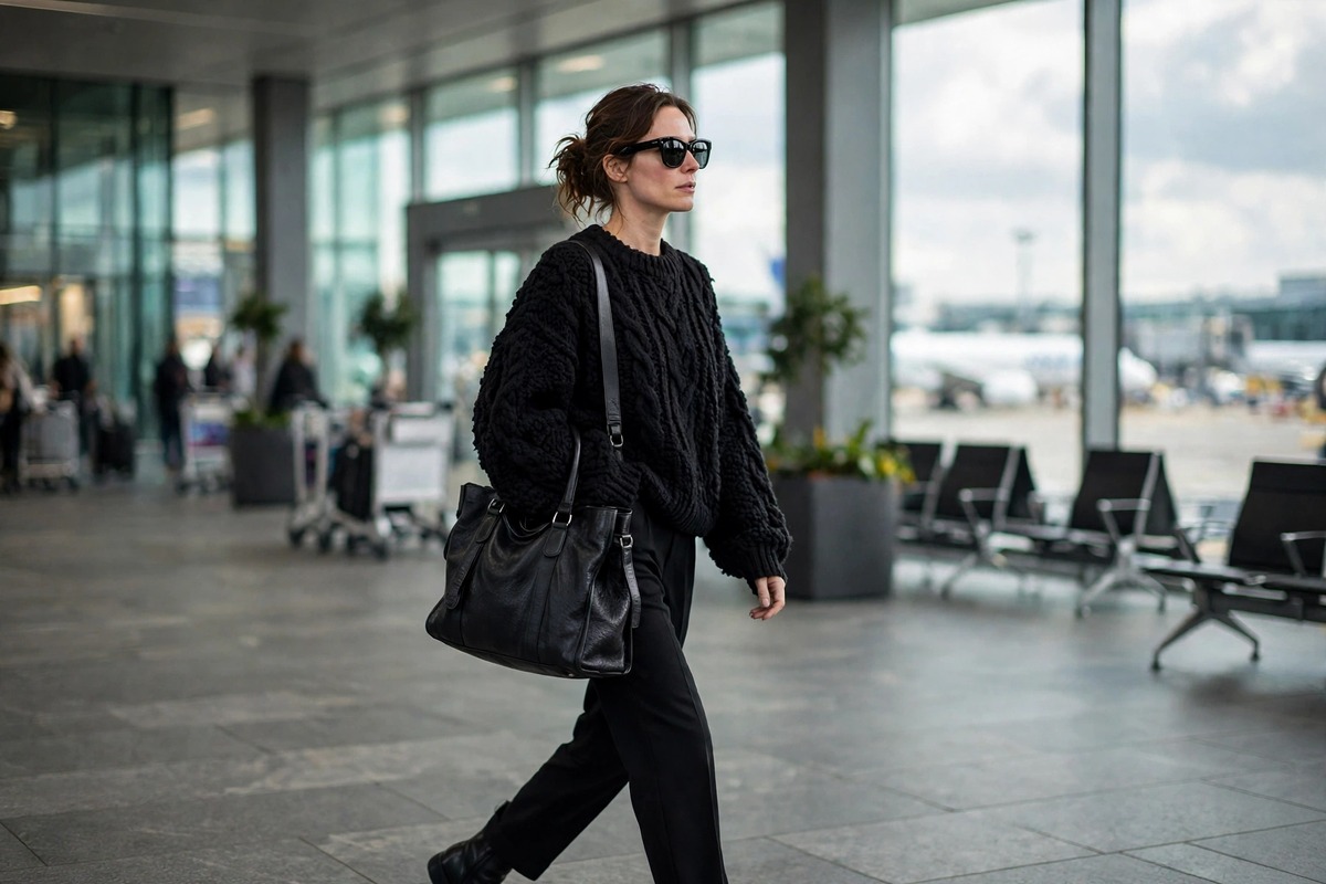 Woman in an all black airport outfit with a chunky knit, leather bag and sunglasses walking through a terminal