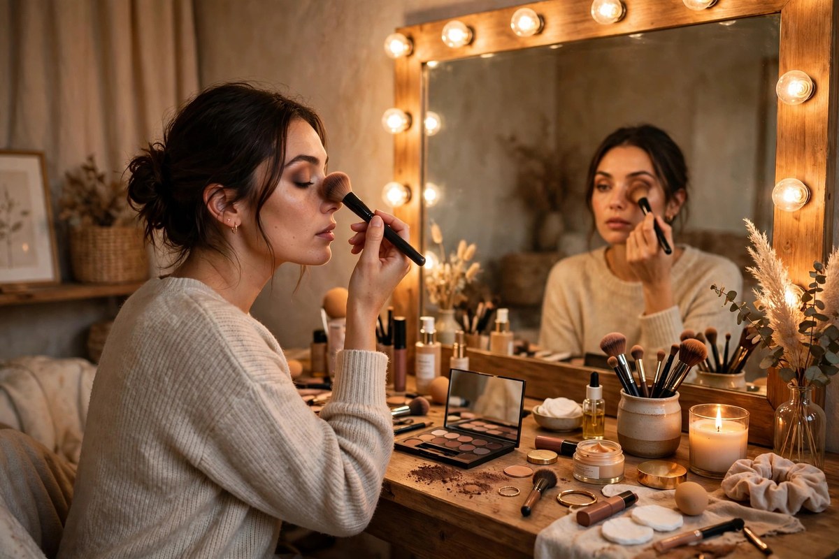 Woman blending eyeshadow with a fluffy brush while creating a soft smoky eye