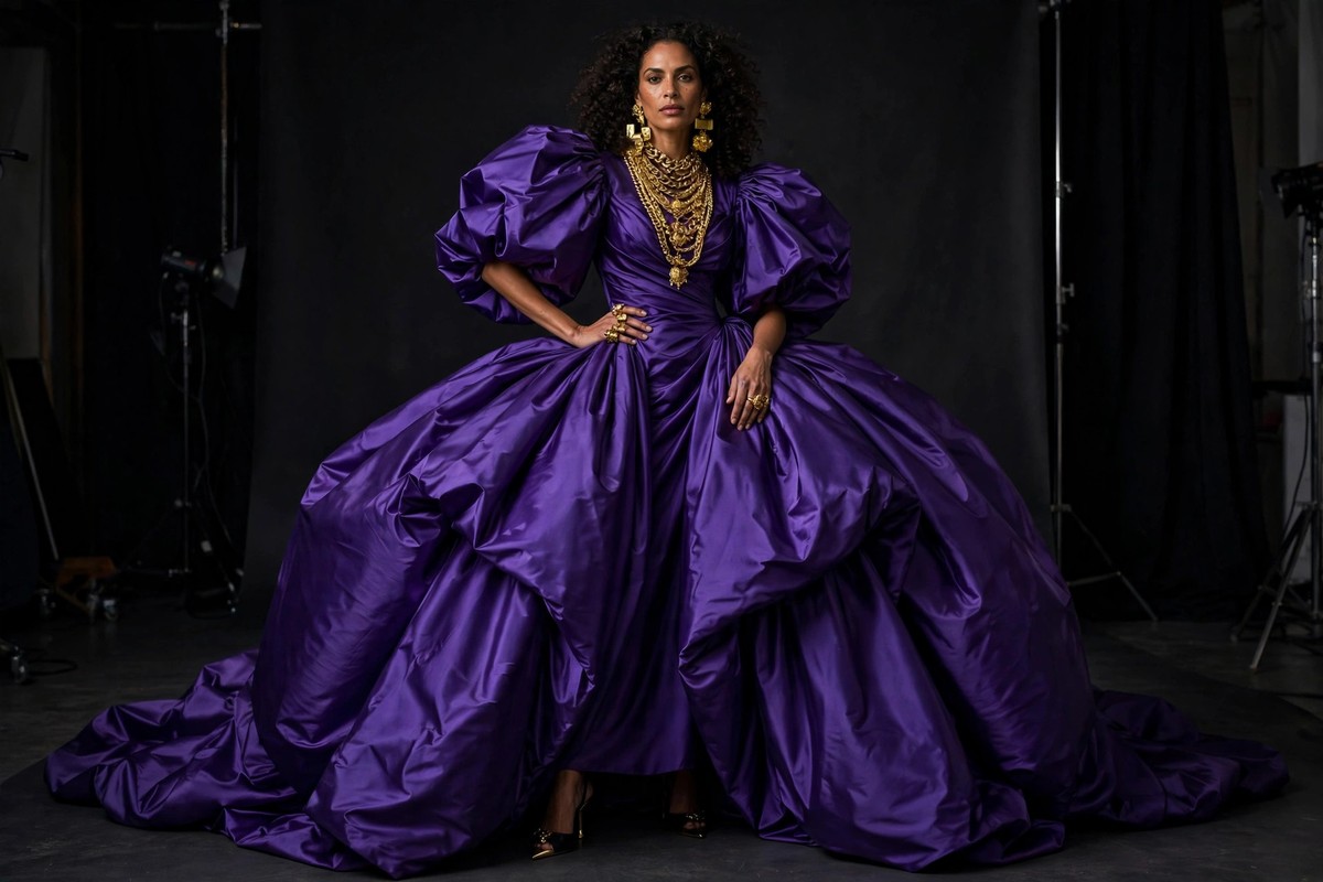 Woman in a bold maximalist outfit with royal purple satin dress and chunky gold jewellery