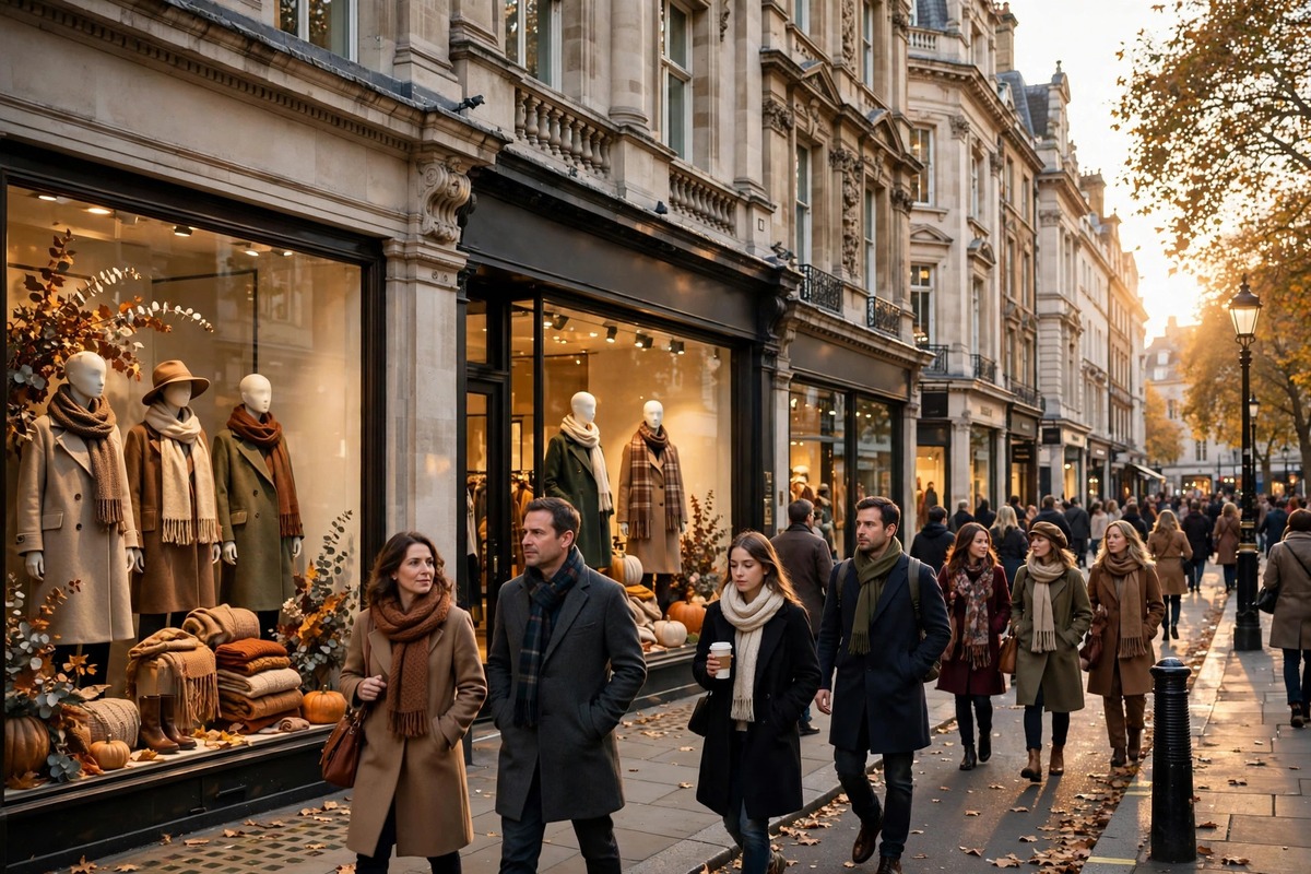 Shoppers browsing elegant storefronts on a London high street in autumn