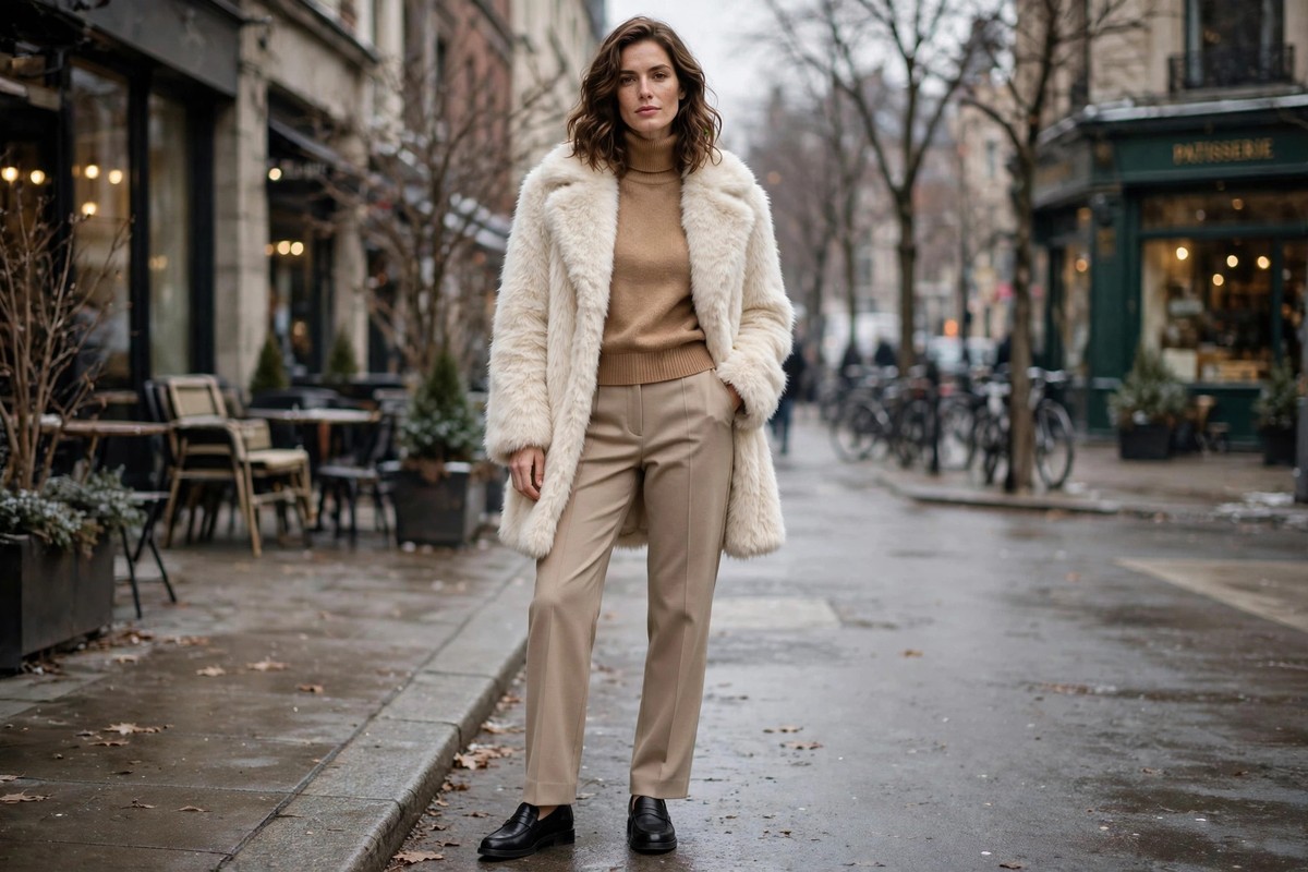 Burgundy faux fur coat worn over an all-black evening outfit with pointed heels