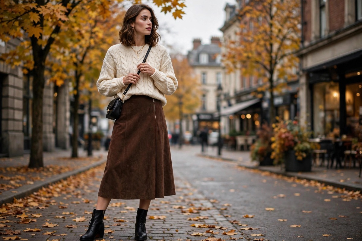 Woman styling a chocolate brown suede midi skirt with a cream cable-knit jumper and black ankle boots