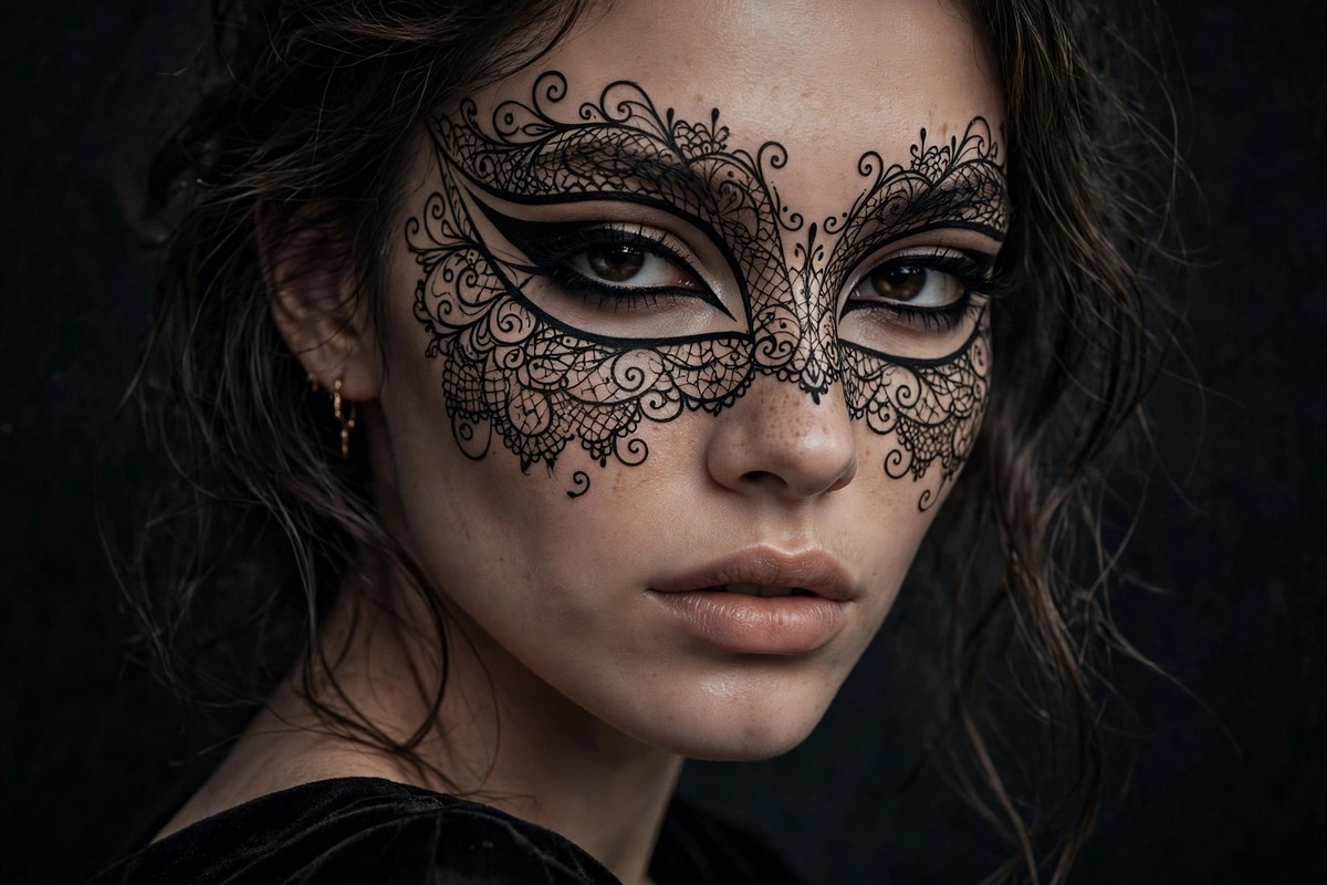 Hand-drawn masquerade lace mask makeup in black liquid liner with winged edges and swirl details, dramatic evening beauty look