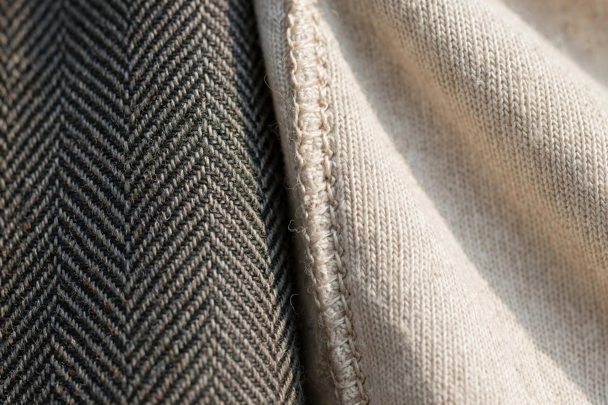 Macro close-up of two contrasting fabric weaves side by side, fine wool suiting fabric next to soft cotton jersey with stitching detail