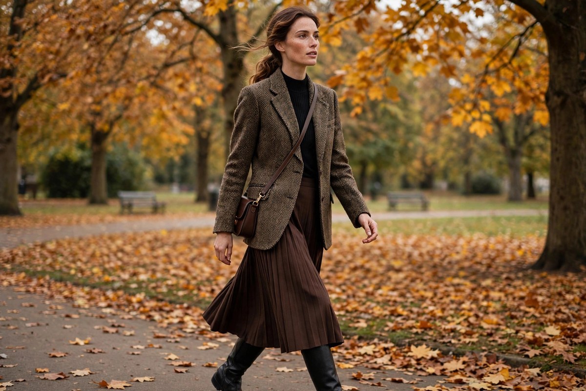 Woman wearing chocolate brown pleated midi skirt, black riding boots and tweed blazer in an autumn park