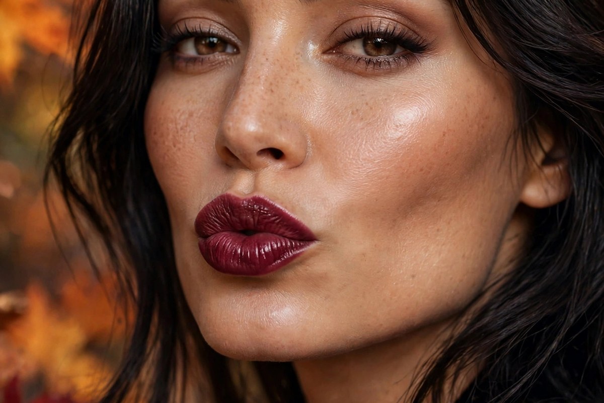 Woman wearing a rich berry wine lipstick look with glowing skin