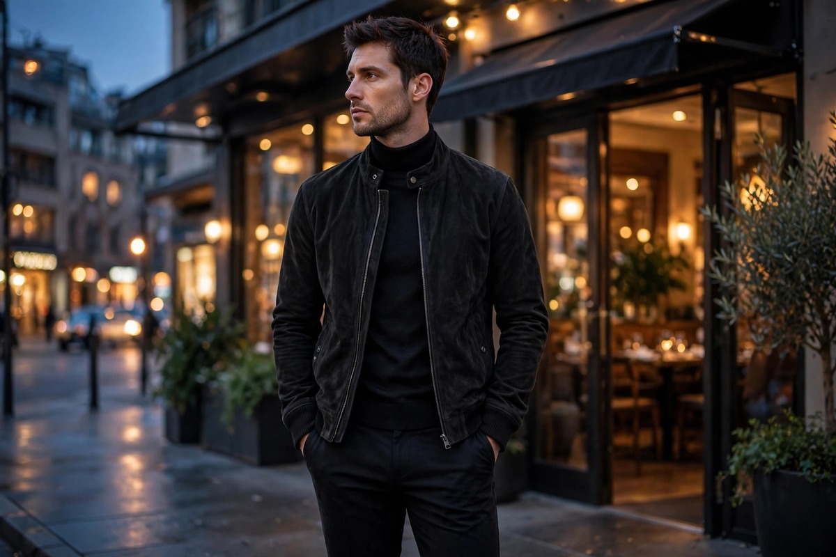 Man wearing a black suede jacket for an evening look with dark trousers and Chelsea boots
