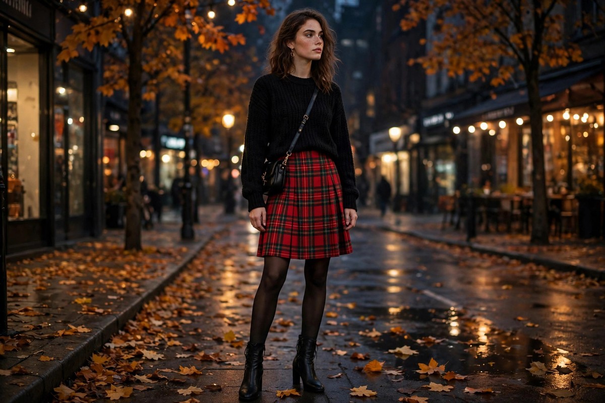Red tartan plaid skirt worn with a black knit and heeled ankle boots for evening