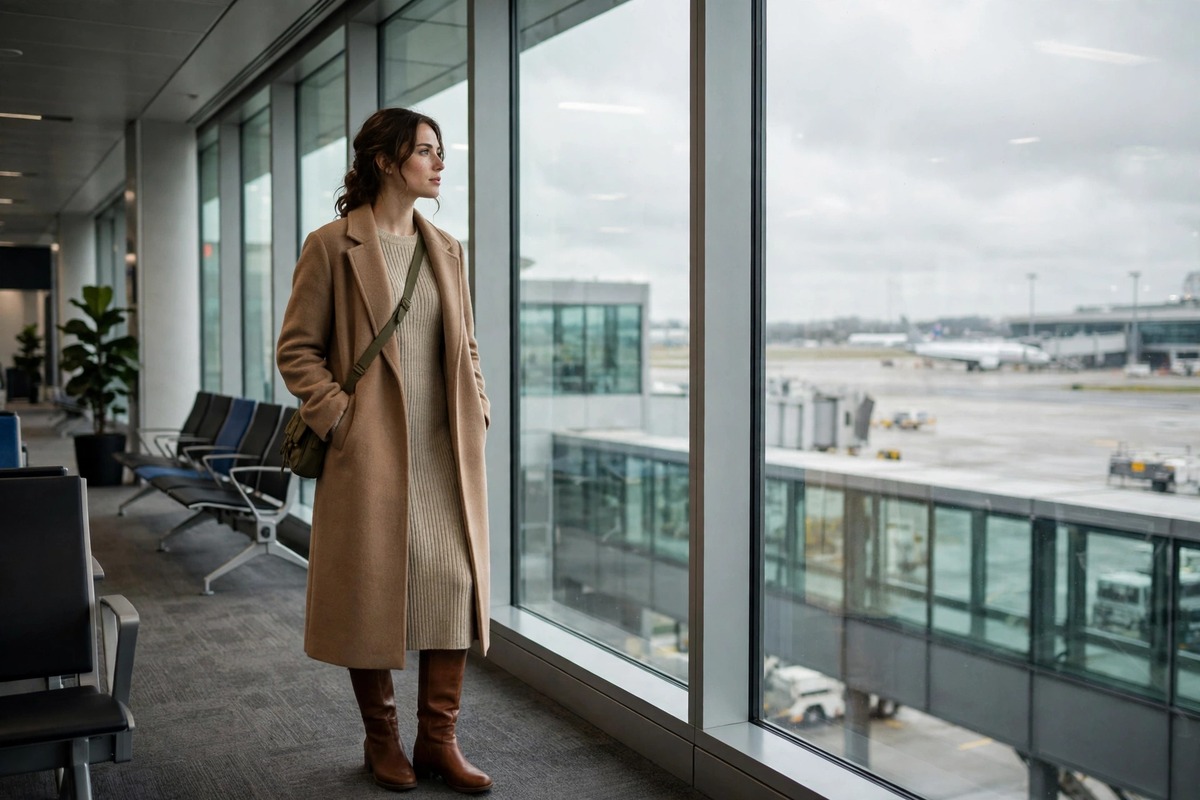 Woman in a midi knit dress with knee high boots and a long wool coat waiting at an airport departure gate