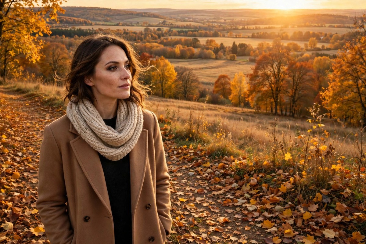 Finished autumn smoky eye look worn with a camel coat outdoors among autumn leaves