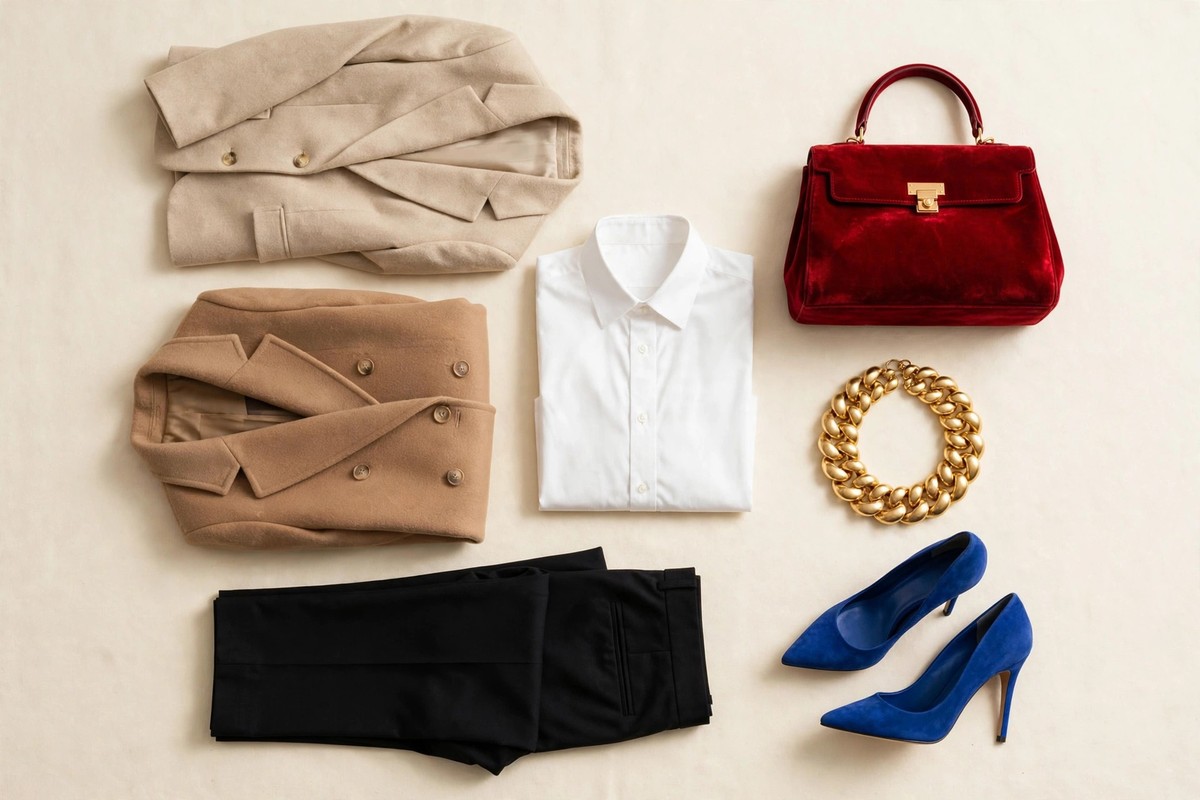 Flat lay of a wardrobe mixing tailored neutrals with bold statement pieces for 2026