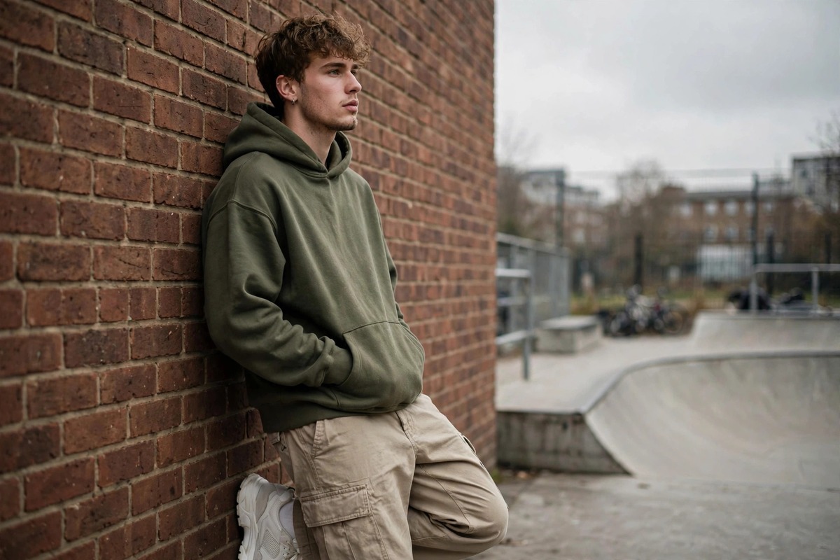 A London streetwear look: oversized hoodie and cargo trousers against a brick wall