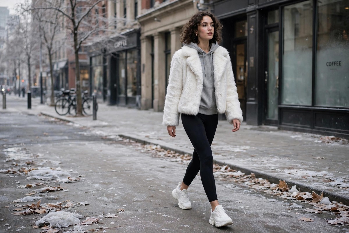 Cream cropped faux fur jacket over a slim hoodie and leggings with chunky trainers, the high-low athleisure look