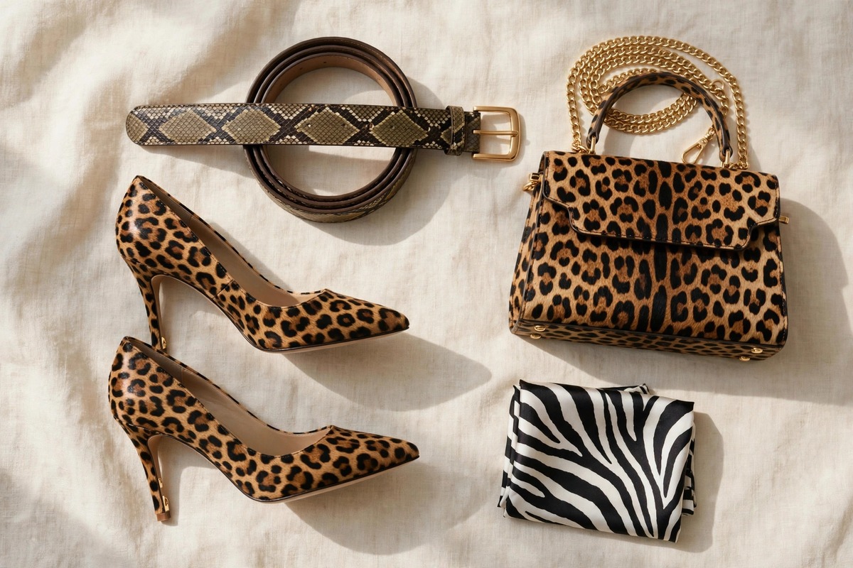 Flat lay of animal print accessories: leopard print heels, snake print belt, leopard handbag and zebra print silk scarf