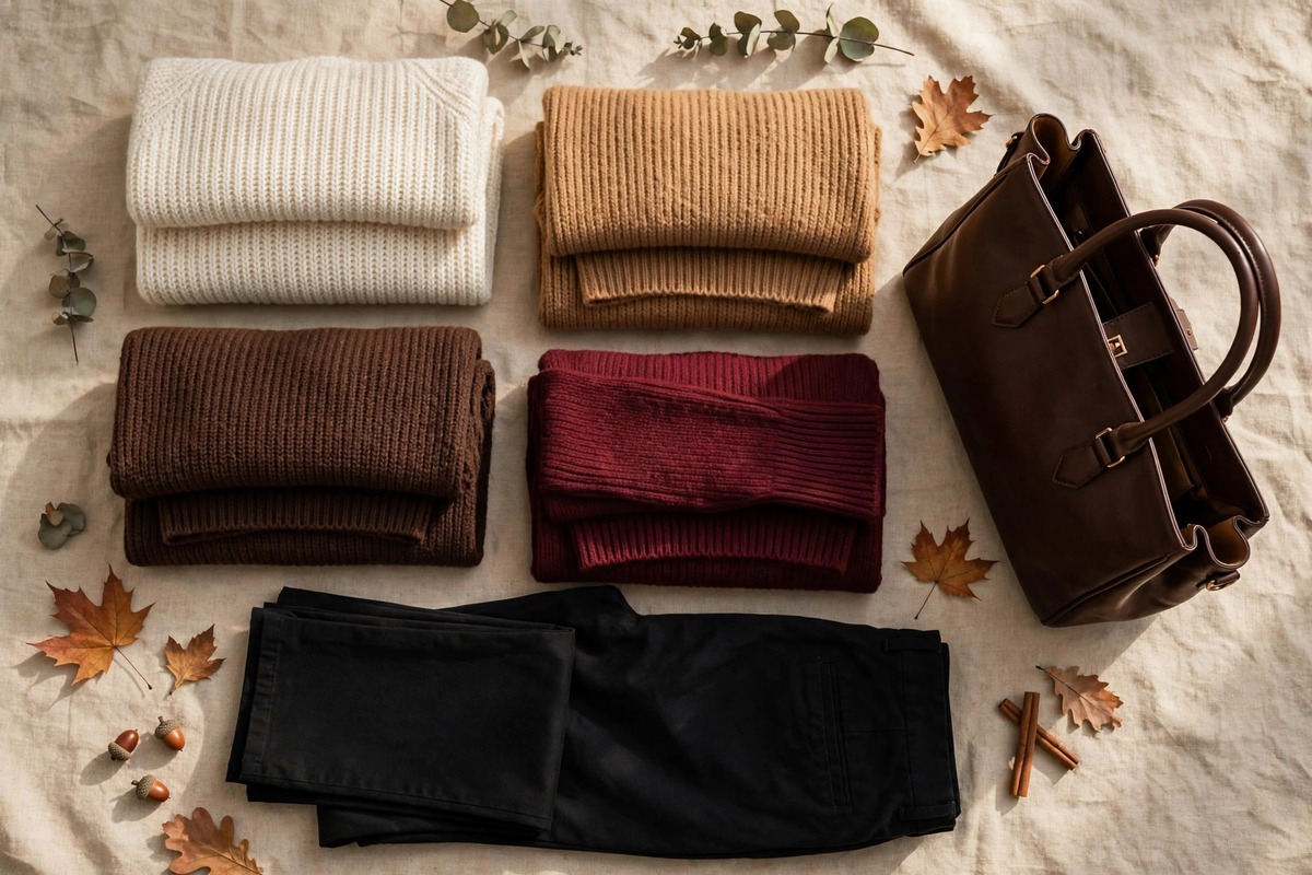 Autumn 2026 capsule wardrobe colour palette flat lay: cream, camel, chocolate brown and burgundy knitwear with black trousers and a structured leather tote