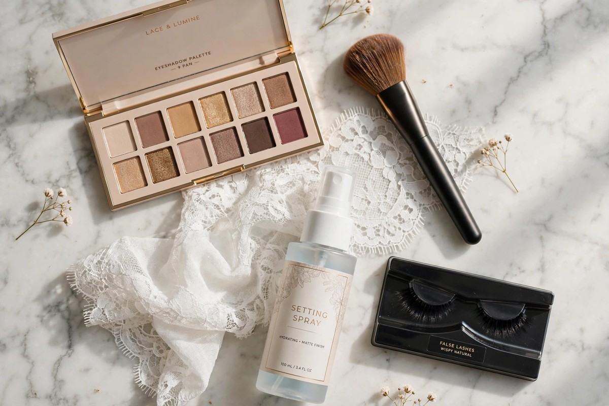 Flat lay of a lace makeup kit: eyeshadow palette, dense makeup brush, white lace fabric swatch, setting spray and false lashes on a marble surface
