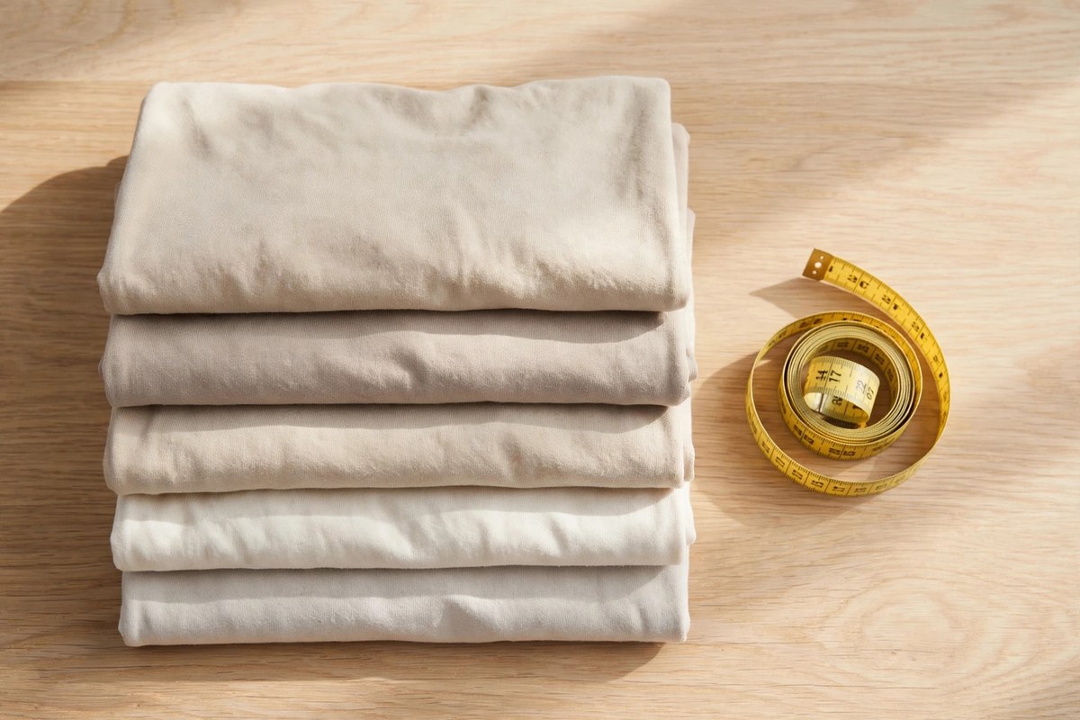 Neat stack of folded neutral basic t-shirts on a wooden table with a dressmaker's measuring tape beside them