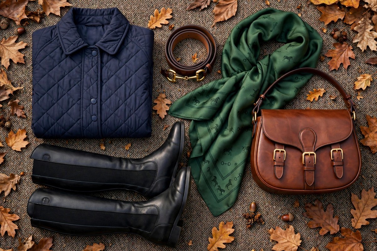 Flat lay of equestrian accessories: riding boots, quilted navy jacket, horsebit belt and saddle bag on tweed