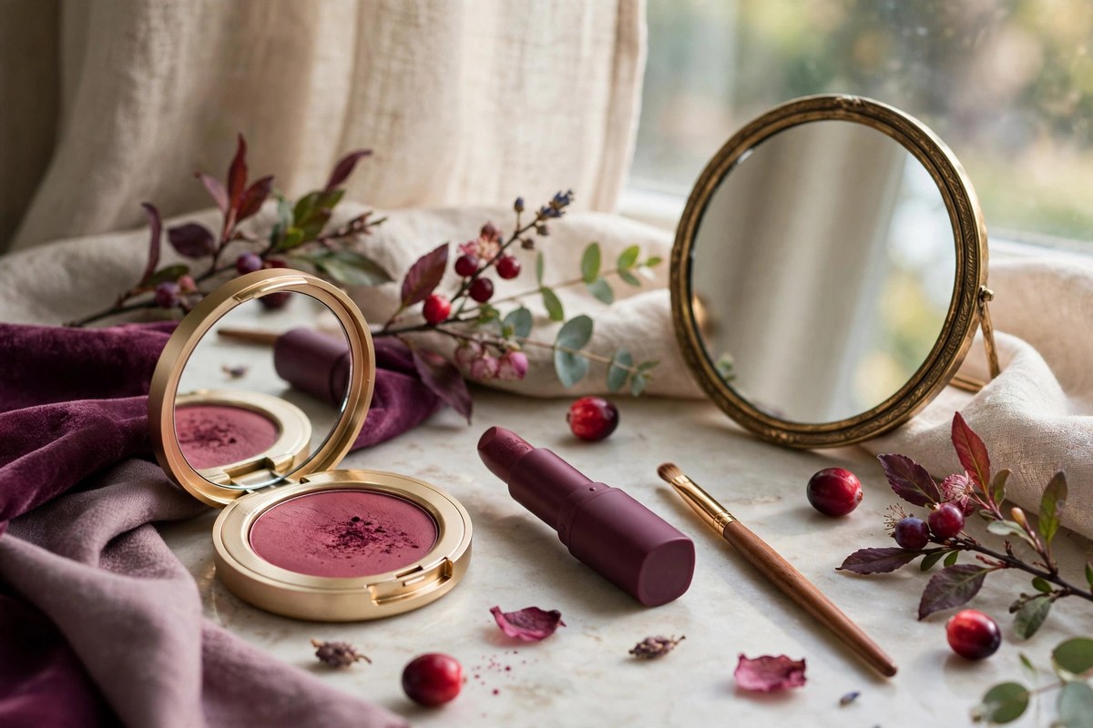 Berry lipstick with blush and lip brush on a makeup vanity